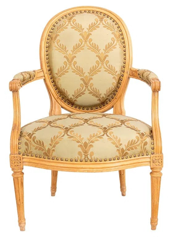 French Louis XVI Armchair, Signed J B Lelarge, Circa 1780: A French 18th century Louis XVI fauteuil in beech, with carved and fluted frame, upholstered seat and back, signed J B Lelarge (Jean Baptiste Lelarge, maitre 1775).