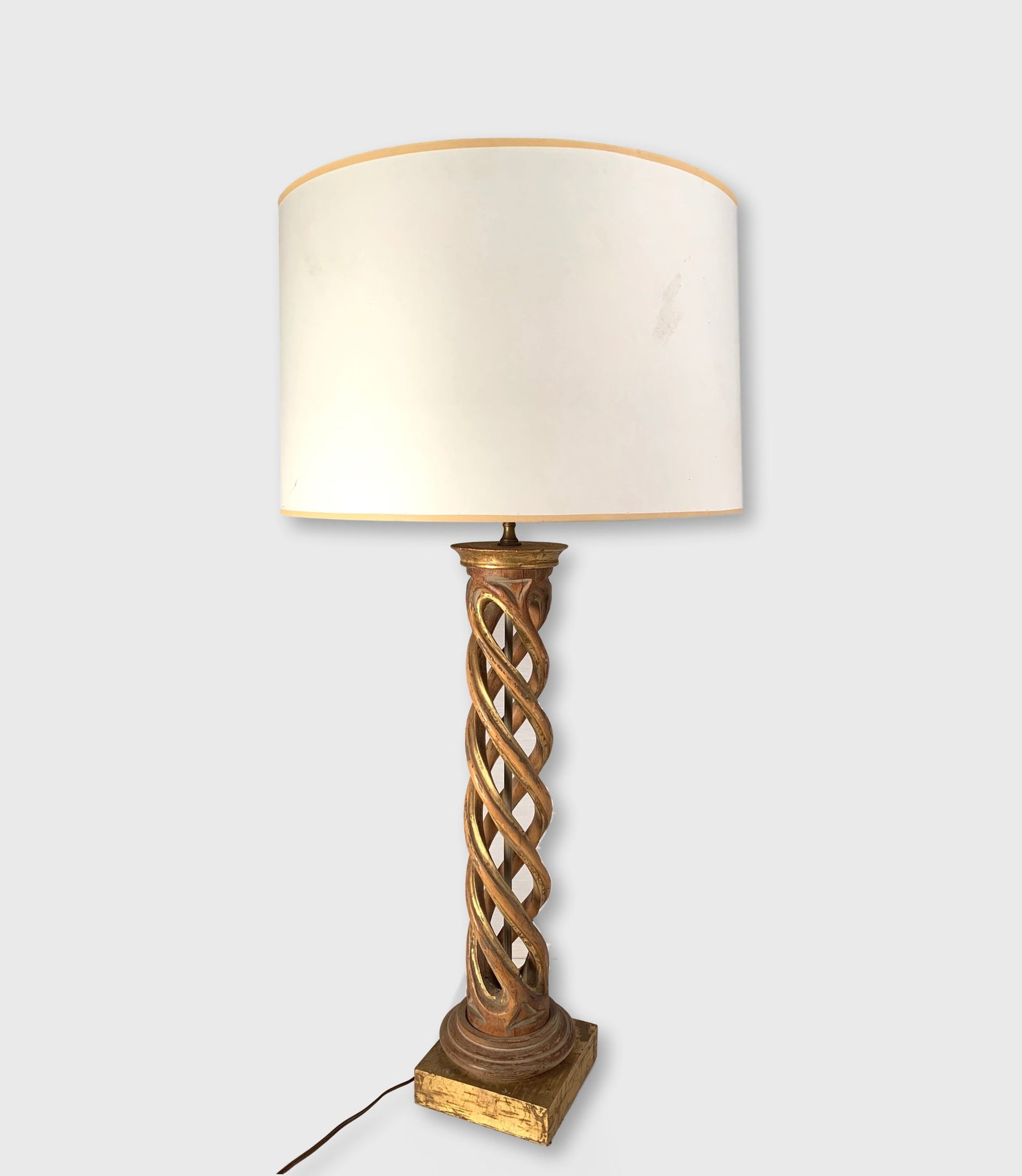 James Mont, Spiral Lamp: A mid-century table lamp by James Mont in gilt resin. 7" x 7" x 39" h