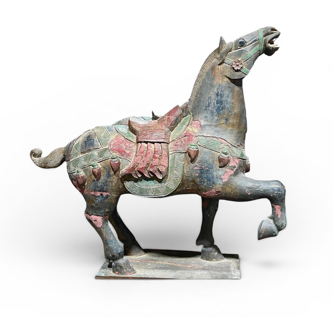 Chinese Temple Horse, 19th Century: A carved wood Chinese temple horse, mid 19th century with polychrome decoration. 14" d x 42" w x 42" h