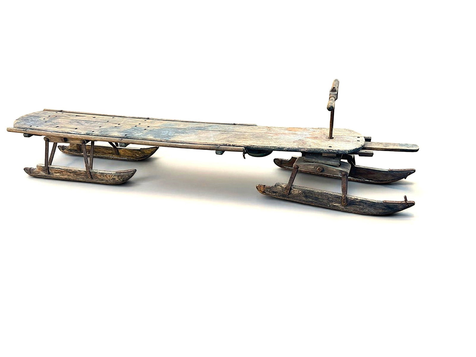 Early Racing Bobsled, Circa 1900: An early racing bobsled almost 9 feet long, with alarm bell to warn of approach, circa 1900. Great retail display piece. 28" w x 107"w