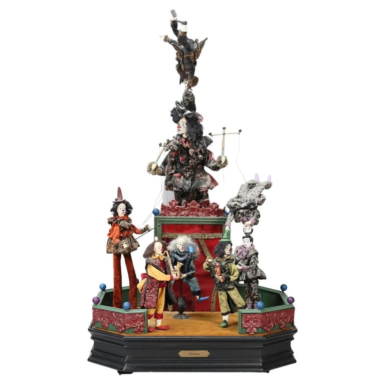 Circus Theme Automaton, Signed Camus: A circus theme musical automaton with moving figures of clowns and acrobats, circa 1970, by maker Jean-Pierre Camus, France.
