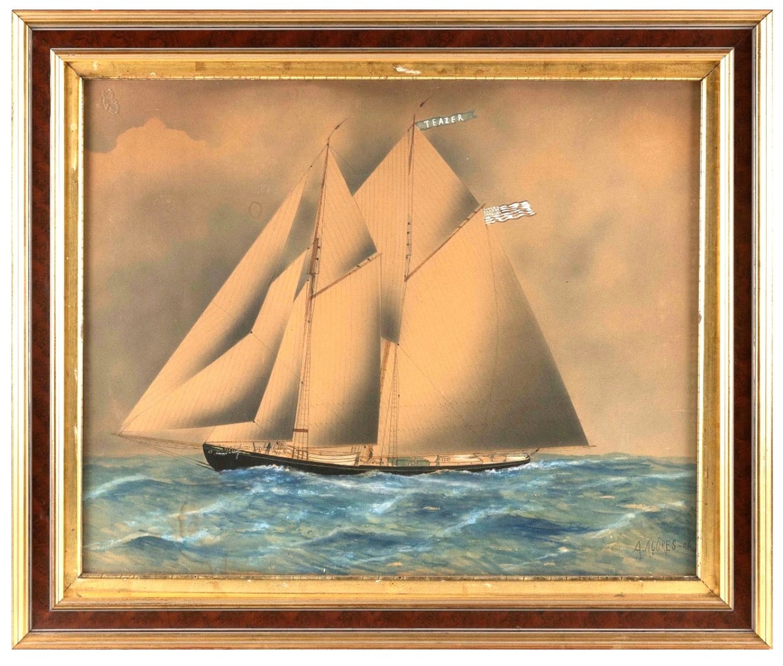 19th Century Maritime Painting: A 19th century maritime painting in gouache and watercolor of the fishing schooner "Teazer", in a period frame, under glass. 25" h x 30" w.