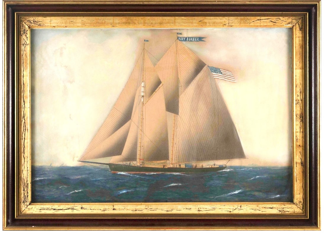 19th Century Maritime Painting: A 19th century gouache and watercolor painting of the schooner "Mary B Greer" signed A.A Cores, framed under glass in a period frame. 26" w x 35" h