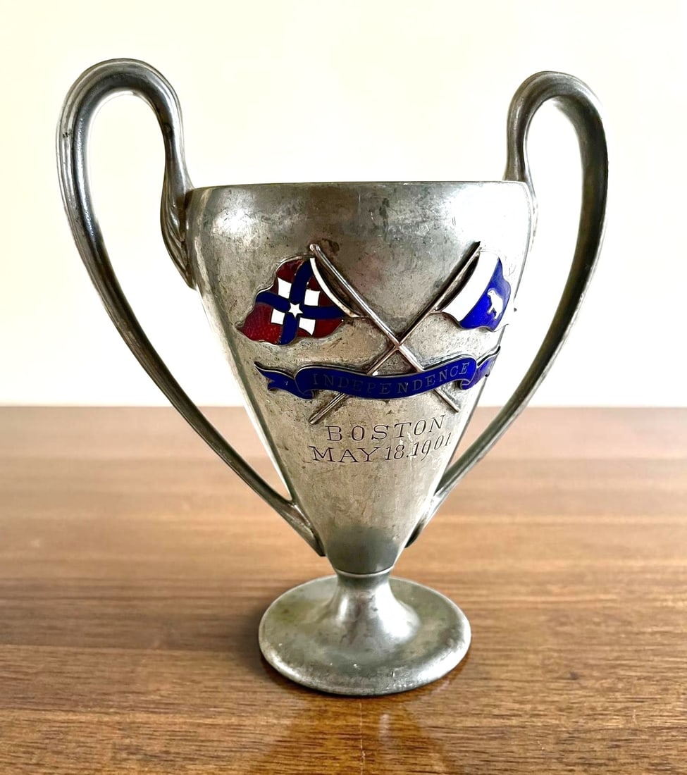 Antique Yachting Trophy, 1901: An antique yachting trophy form the Point Independence Yacht Club, Boston MA, dated May 18, 1901, with applied enamel club flags and banner. 6" h