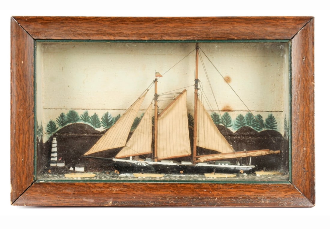 Antique Diorama of Sailboat Elsie: An early 20th century diorama of sailboat Elsie. 6" d x 23" w x 14.5" h