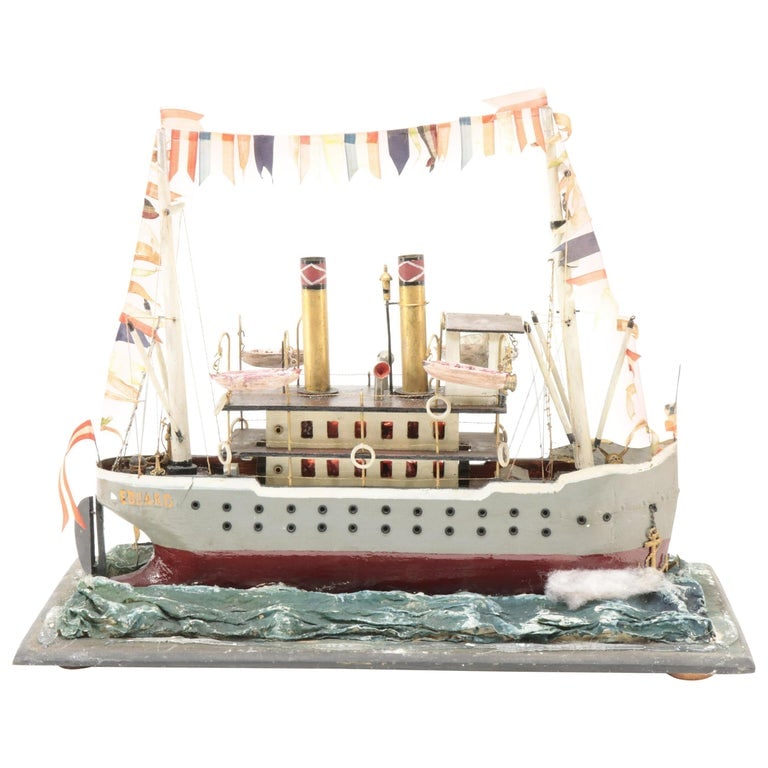 French Folk-Art Ship Model of a Tramp Steamer, Eduard: An early 20th century folk-art ship model of the tramp steamer "Eduard", in glass case. 8.5" d x 20.5" w x 17" h