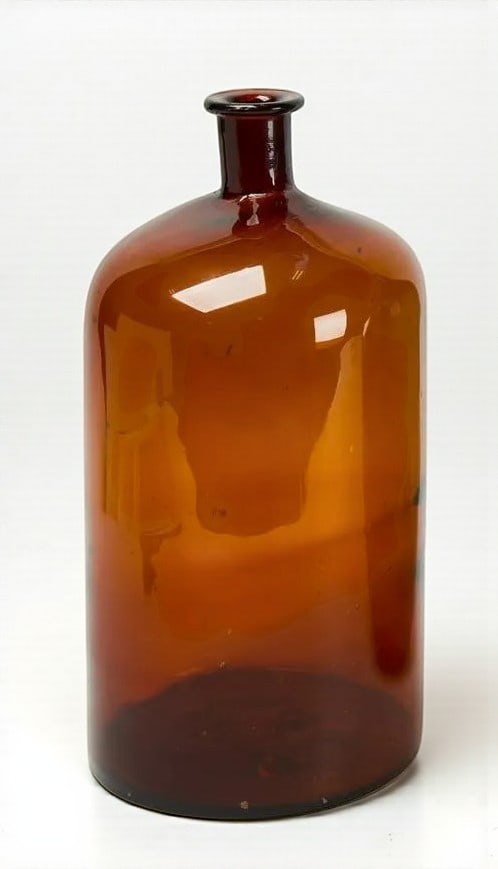 Large Amber Bottle: A large amber demijohn, hand-blown.