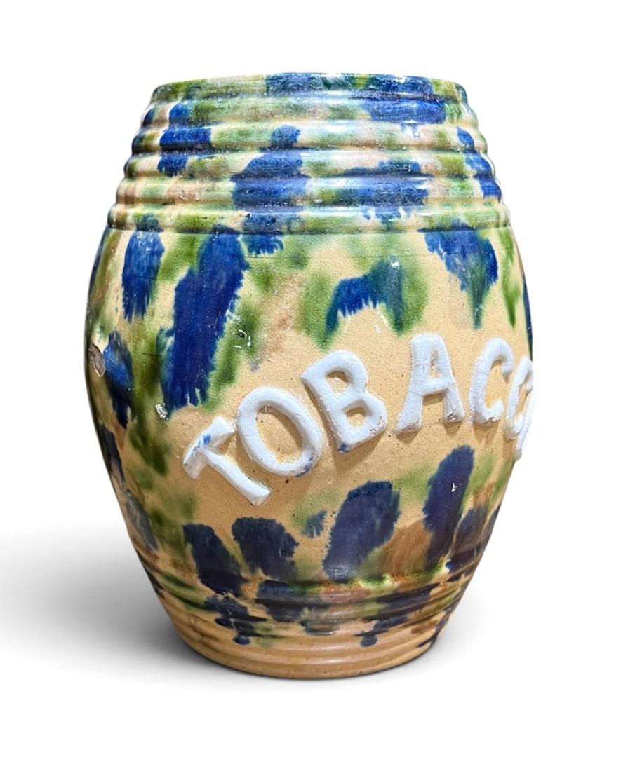 Antique Tobacco Jar: An antique ceramic barrel-form tobacco jar with splatter glaze decoration.5.5" dia. x 6" h