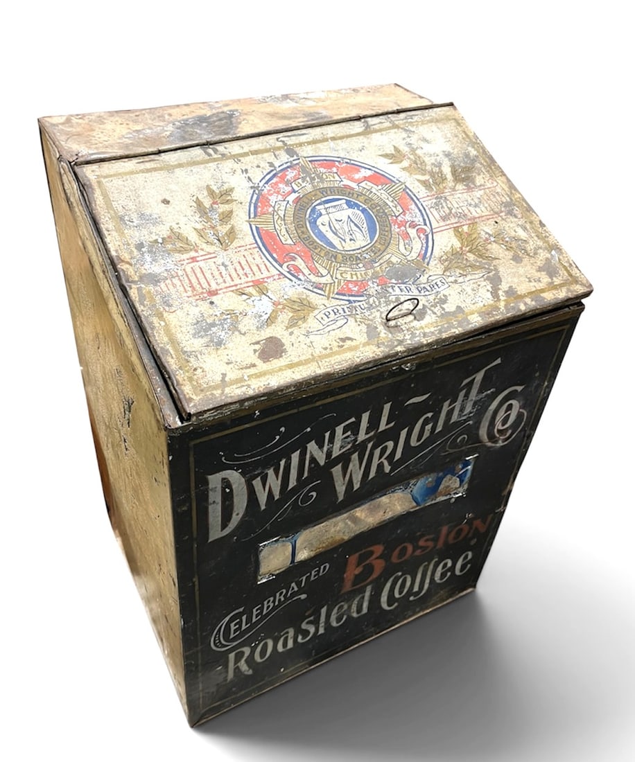 Antique Tin Coffee Box: An antique tin coffee bin from a shop, circa 1910. 16" x 16" x 24" h