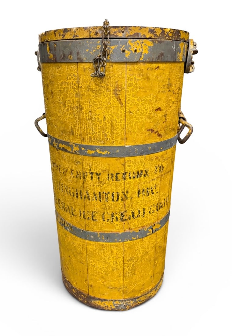 Antique Ice Cream Barrel: An antique ice cream barrel circa 1900 in yellow painted wood, "Fro-Joy" brand, with original lid. 14" dia. x 27.5" h