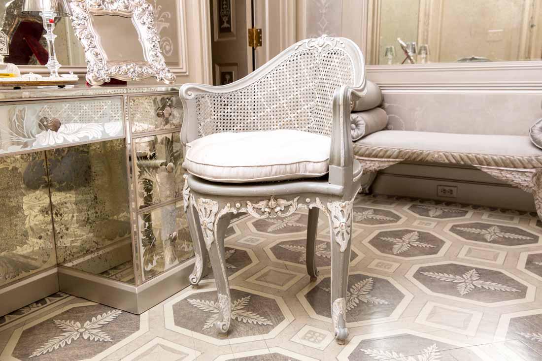 Louis XV Bergere: 18th c. Louis XV grey painted armchair, caned back and seat; tufted ivory custom down cushion France, c. 1750 35.5"H Condition: Very good