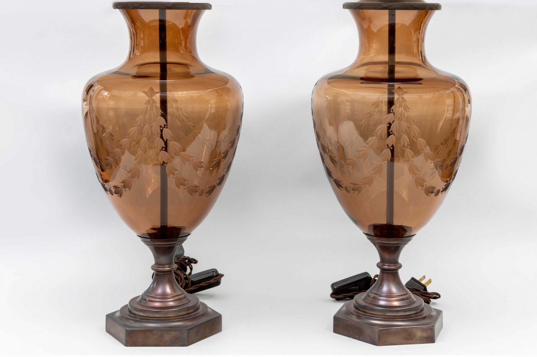 Pair of Bronze and Amber Glass Urn Lamps (1 of 8)