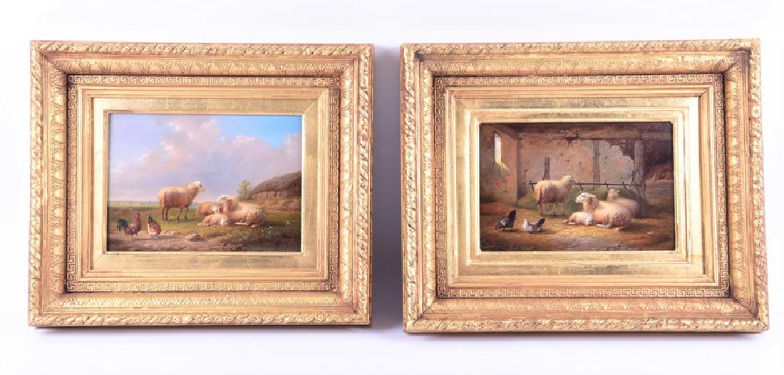 Auguste Coomans (1855-1896) French 'Sheep in meadow': Auguste Coomans (1855-1896) French 'Sheep in meadow' and 'Sheep in bergerie' oil on board, each signed to the bottom, with label to the reverse in French, reading 'Je soussigne declare que ce tableau