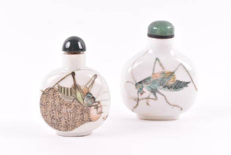 Two Chinese snuff bottles  both with enamelled crickets: Two Chinese snuff bottles both with enamelled crickets to the oval bodies and nephrite stoppers. (2). The largest 7.5 cm tall.