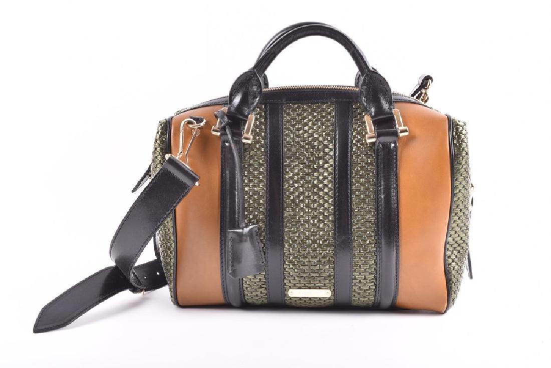 Burberry. A black and tan leather and green weave: Burberry. A black and tan leather and green weave handbag with carry handles and detachable black leather shoulder strap, 36 cm long.