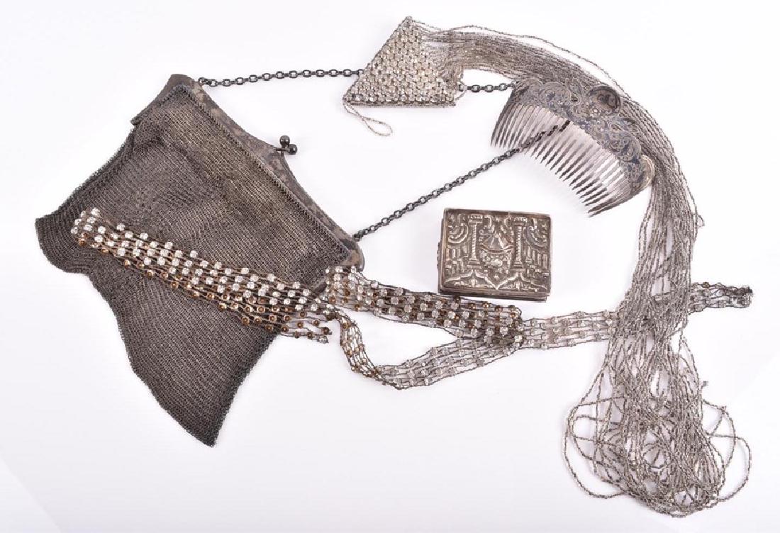 A late Victorian silver mesh ladies purse London, 1896: A late Victorian silver mesh ladies purse London, 1896 by Cornelius Desormeaux Saunders & James Francis Hollings, together with an Eastern white metal box with embossed detail and mirror compartm