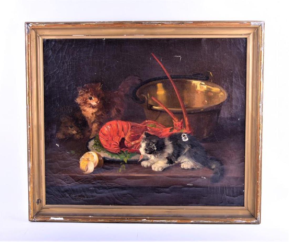 Alfred Arthur Brunel de Neuville (1852-1941) French: Alfred Arthur Brunel de Neuville (1852-1941) French depicting a composition with kittens on a kitchen worktop with a presented cooked lobster, and a brass pot, signed lower left, within a gilt wooden 