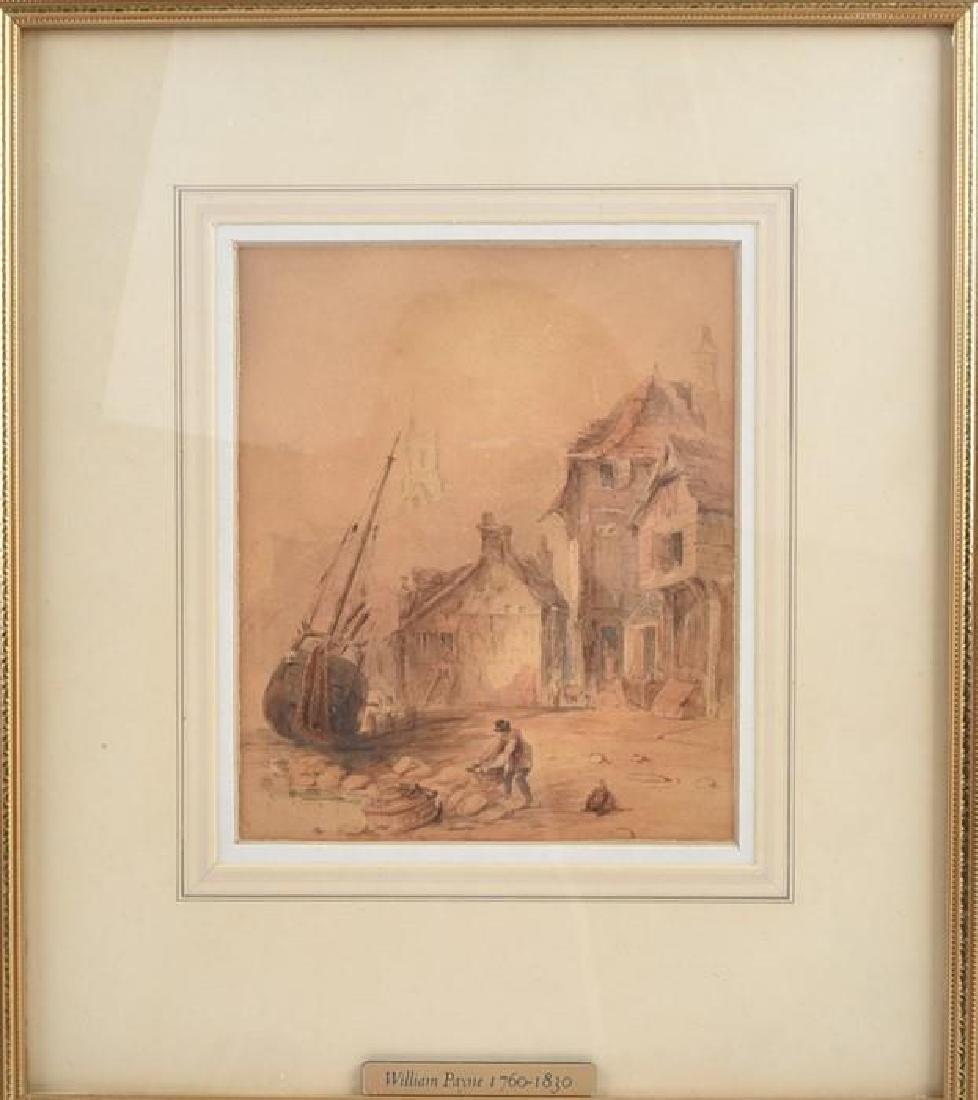 Attributed to William Payne (1760-1830) British: Attributed to William Payne (1760-1830) British depicting a shore scene, unsigned, watercolour on board, within glazed gilt frame, 17 cm x 14 cm.