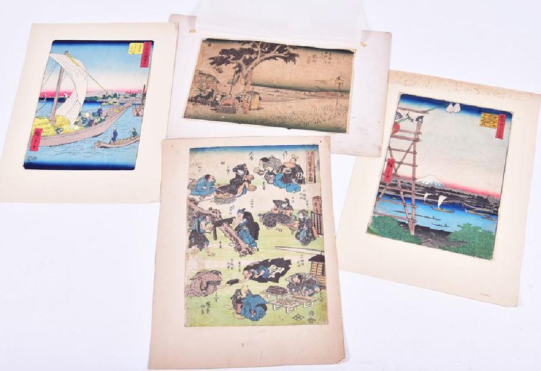 Utagawa Hiroshige (1797-1858) Japanese collection of: Utagawa Hiroshige (1797-1858) Japanese collection of woodblock prints, comprising 'Motoyanagi bridge and Eko-in temple in Ryogoku' from the series 'One hundred famous views of Edo'; 'The Seven Ri ferr