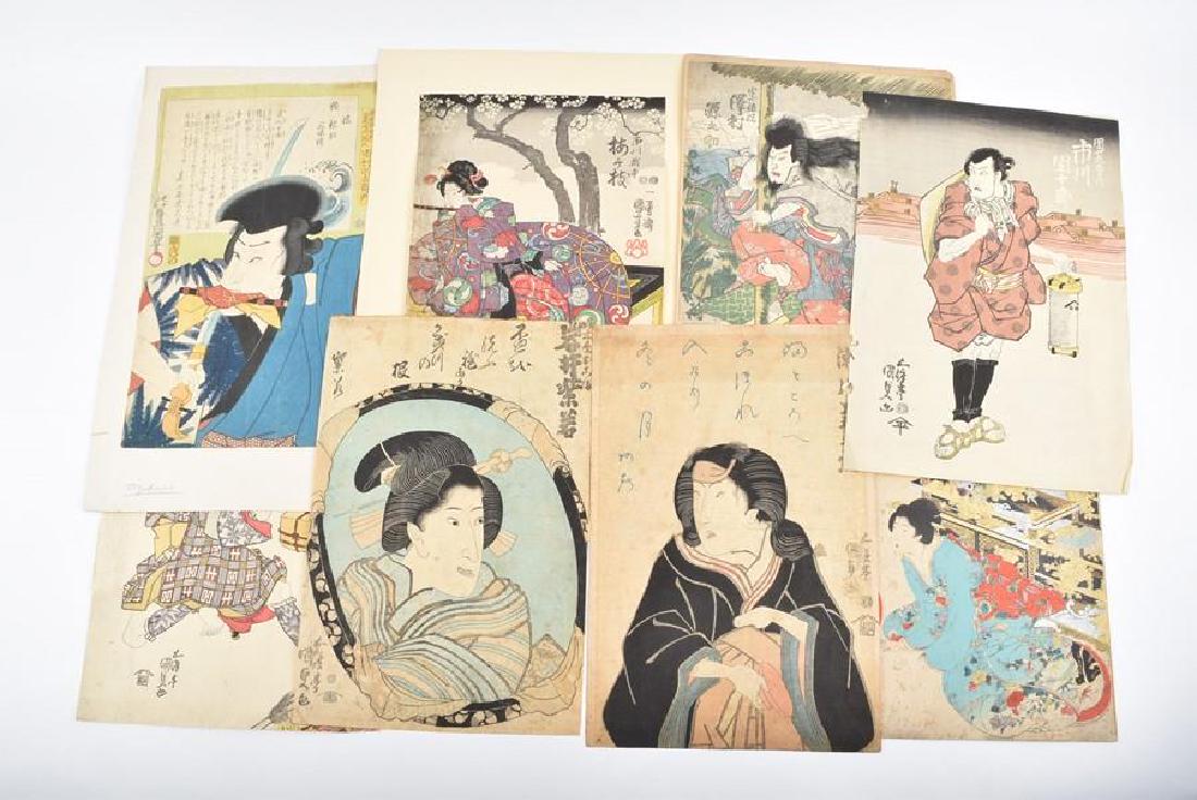 A collection of 19th century Japanese Ukiyo-e woodblock: A collection of 19th century Japanese Ukiyo-e woodblock prints to include works by Kunisada, Kuniyoshi, and others, mostly depicting Kabuki theatre actors and beauties also known as Bijin-ga. (8)