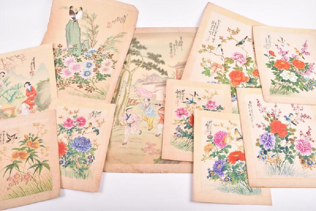 A collection of 20th century Chinese paintings on silk: A collection of 20th century Chinese paintings on silk depicting birds in floral branches, and children playing in a garden. (10)