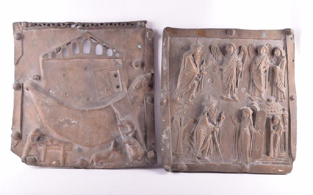Two 19th century Russian bronze panels both: Two 19th century Russian bronze panels both naively cast, one depicting the Archangel Gabriel and the resurrection of christ, the other with Noah's Ark, 42 cm x 42 cm. Provenance: Iconastas Galle