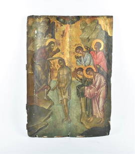 A 19th century Greek Orthodox icon of the: A 19th century Greek Orthodox icon of the Theophany depicting the Baptism of Christ by John the Baptist, hand painted with gilt highlights, tempera on two part wooden panel, 60 cm high x 42 cm wi