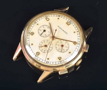 A 1950s Movado 14ct yellow gold mechanical: A 1950s Movado 14ct yellow gold mechanical chronograph wristwatch the silvered dial with applied numerals, and triple subsidiary dials for seconds, minutes and hours, with outer minute register,