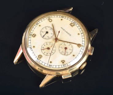 A 1950s Movado 14ct yellow gold mechanical: A 1950s Movado 14ct yellow gold mechanical chronograph wristwatch the silvered dial with applied numerals, and triple subsidiary dials for seconds, minutes and hours, with outer minute register,