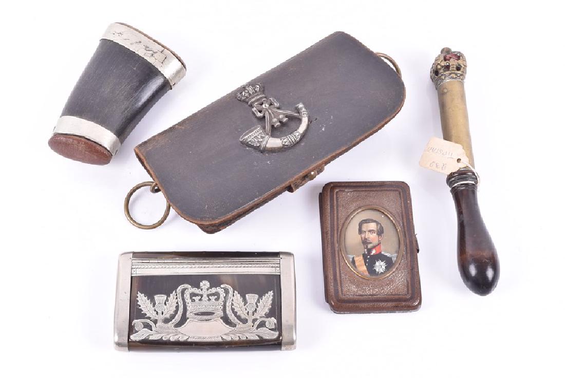 A 19th century Victorian short brass tipstaff with: A 19th century Victorian short brass tipstaff with crown pommel and short plain staff, with turned wooden handle, 17 cm high, together with a white metal mounted horn cigarette case, 10.3 cm wide, a w