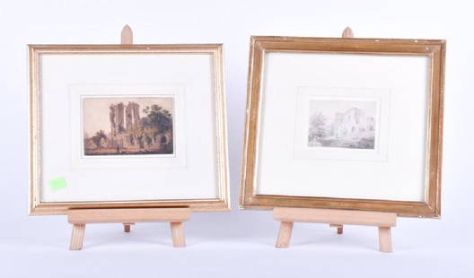 Two works by Edward Dayes RA (1763-1804) British: Two works by Edward Dayes RA (1763-1804) British 'Ruined Abbey' watercolour on paper, inscribed verso in pencil, mounted, glazed and framed, 15 cm x 10 cm, and 'Caldicot Castle' wash over pencil on pa