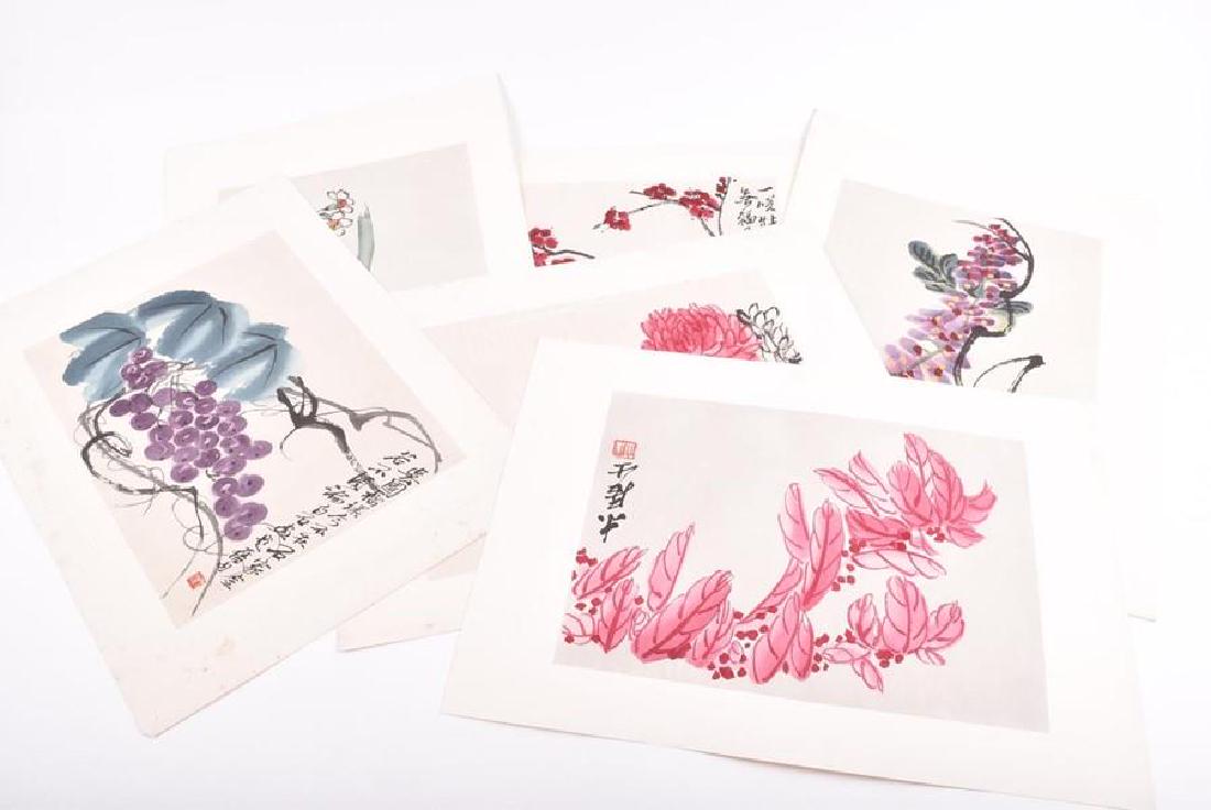 A collection of lithographic prints after Qi Baishi: A collection of lithographic prints after Qi Baishi (1864-1957) depicting floral branches such as cherry blossom, chrysanthemums, peonies, and others, each with artist's red seal and inscriptions. (9)