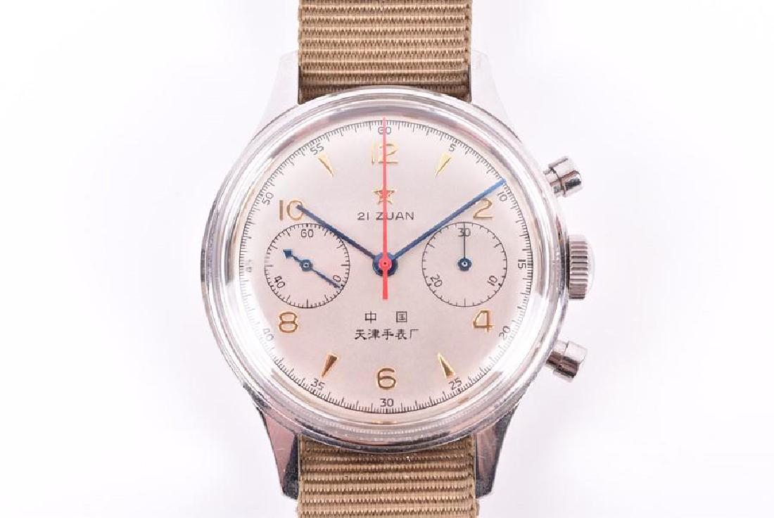 A Sea-Gull 1963 re-issue China Air Force 21 Zuan: A Sea-Gull 1963 re-issue China Air Force 21 Zuan stainless steel pilots chronograph wristwatch the silvered dial with gilt numerals and arrow shaped hour markers, with twin subsidiary dials and blued 