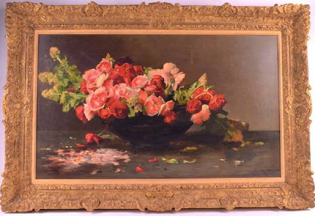Ruth Mercier (1880 - 1913) British 'Summer Blooms' a: Ruth Mercier (1880 - 1913) British 'Summer Blooms' a still life painting depicting a floral bouquet within a richly dark background, signed lower right, oil on canvas, framed, 45 cm x 76 cm.