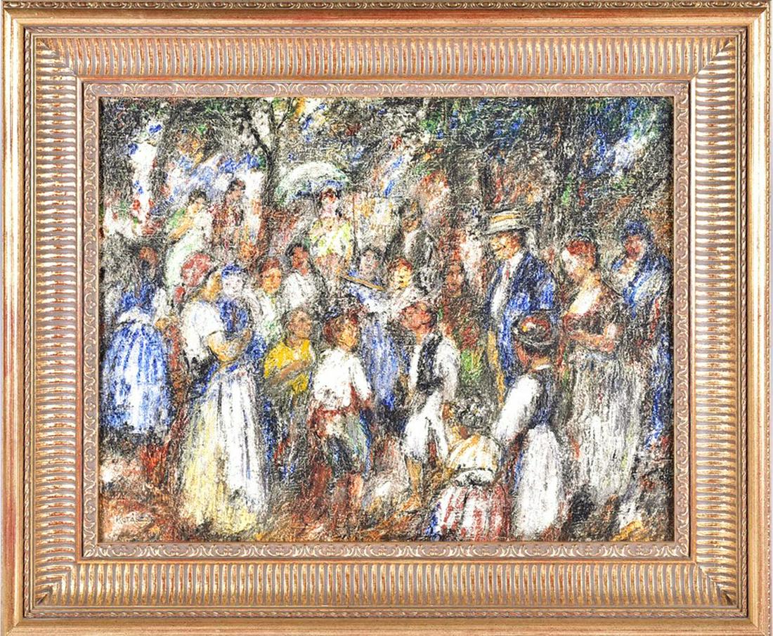 Karol Kotasz (1872-1941) Hungarian a scene of a group: Karol Kotasz (1872-1941) Hungarian a scene of a group of figures in a wooded setting, oil on canvas, framed. Signed lower left. 34 x 44 cm.