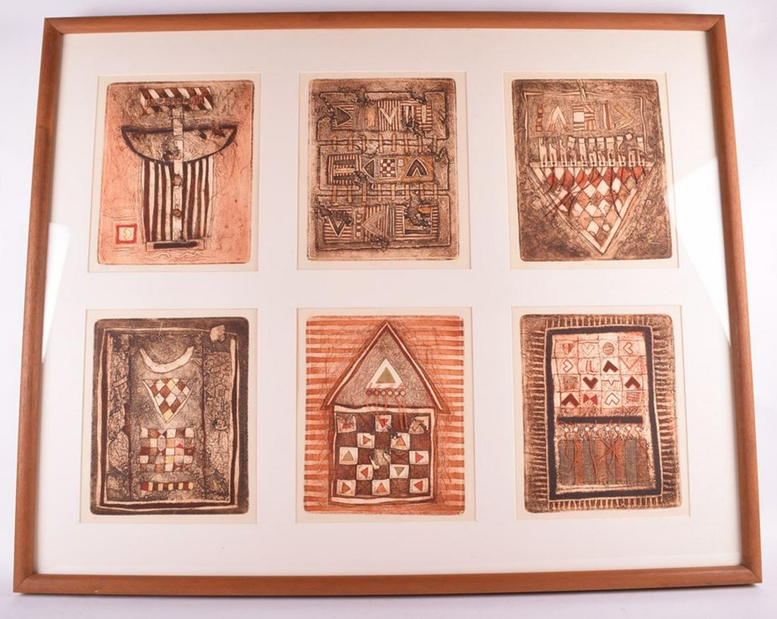 John Winch (1944 - 2007) Australian a set of six John: John Winch (1944 - 2007) Australian a set of six John Winch etching in colours numbered prints, framed and glazed, each print 28 cm x 23 cm.