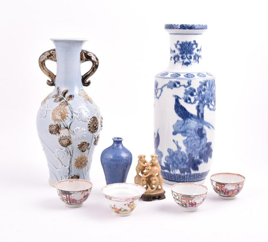 A collection of Chinese porcelain items including four: A collection of Chinese porcelain items including four 18th century teal bowls, a Qing period blue glazed meiping shaped vase, a 20th century blue and white rouleau-shaped cylindrical vase, 31 cm h