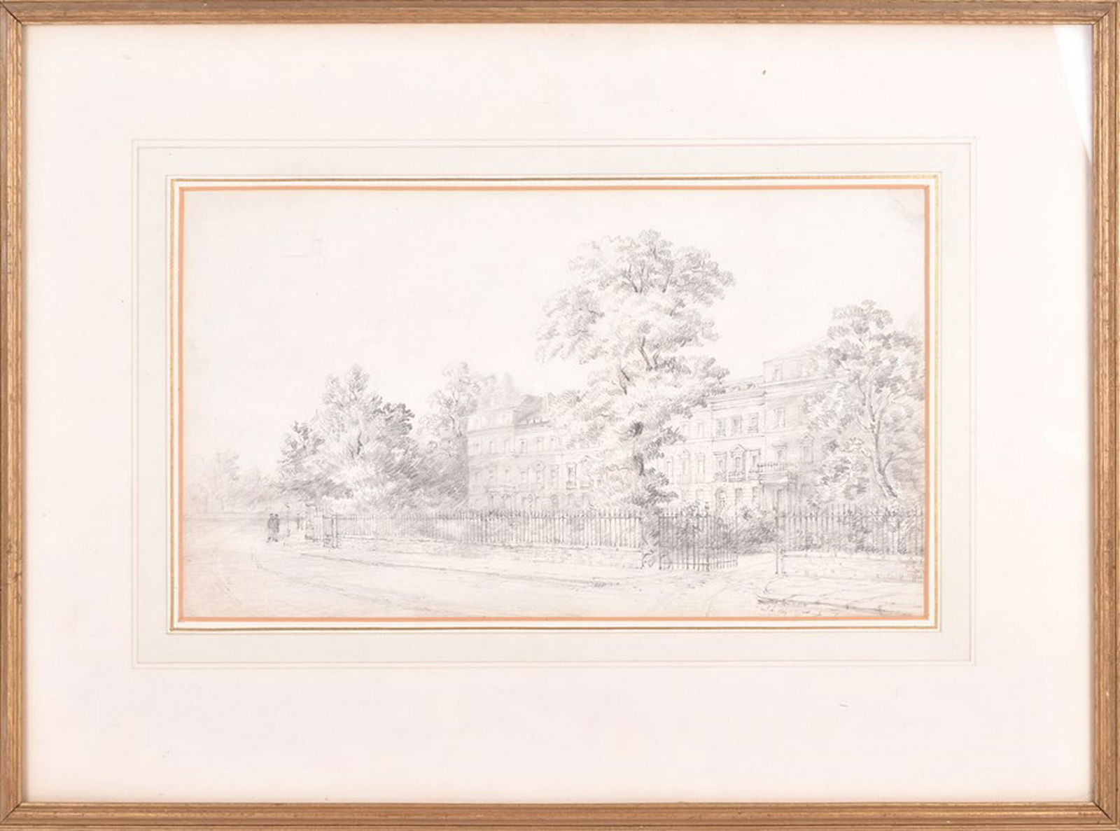 Attributed to John Constable RA (1776-1837) British ‘A: Attributed to John Constable RA (1776-1837) British ‘A London Terrace with Trees and Figures,’ pencil drawing on paper, depicting a large Georgian townhouse surrounded with tall oak trees, John Ma