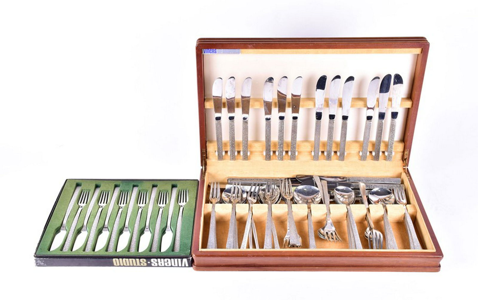 Gerald Benney CBE RDI (1930 - 2008) British a Viners: Gerald Benney CBE RDI (1930 - 2008) British a Viners 'Studio' bark effect cutlery suite, in canteen and one other set in original box (qty). Gerald Benney was one of the most outstanding and influenti