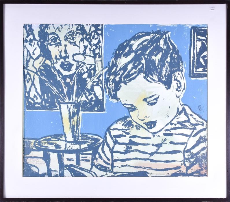 David Bromley (b. 1960) Australian depicting a boy: David Bromley (b. 1960) Australian depicting a boy reading, signed lithographic print, signed in pencil lower right, titled lower left in pencil, within a white mount and painted black wooden frame, 7