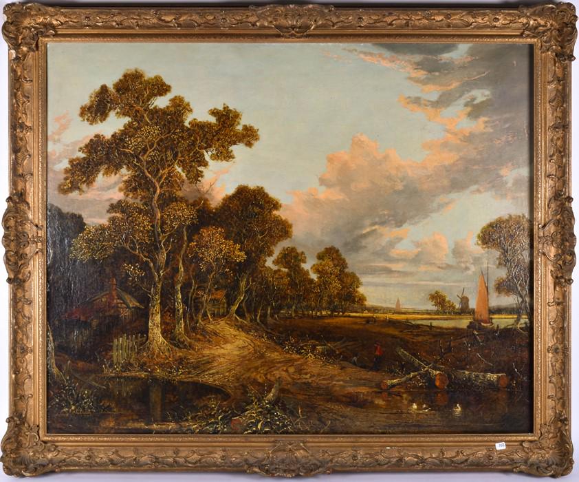 Follower of John Constable RA (1776-1837) English: Follower of John Constable RA (1776-1837) English depicting cottages by a river with figures, a windmill and barges in the background, unsigned, oil on canvas, within a Louis XIV style frame, 74 cm x
