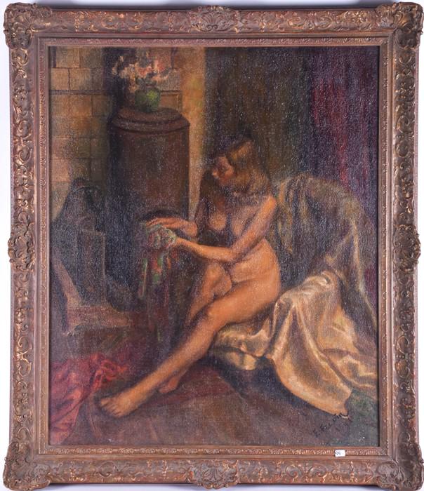 Continental School, 20th century depicting a female: Continental School, 20th century depicting a female nude, sat by a stove holding a piece of garment, signed lower right 'E. Feldir', within a moulded gesso frame, oil on canvas, 75 cm x 62 cm.
