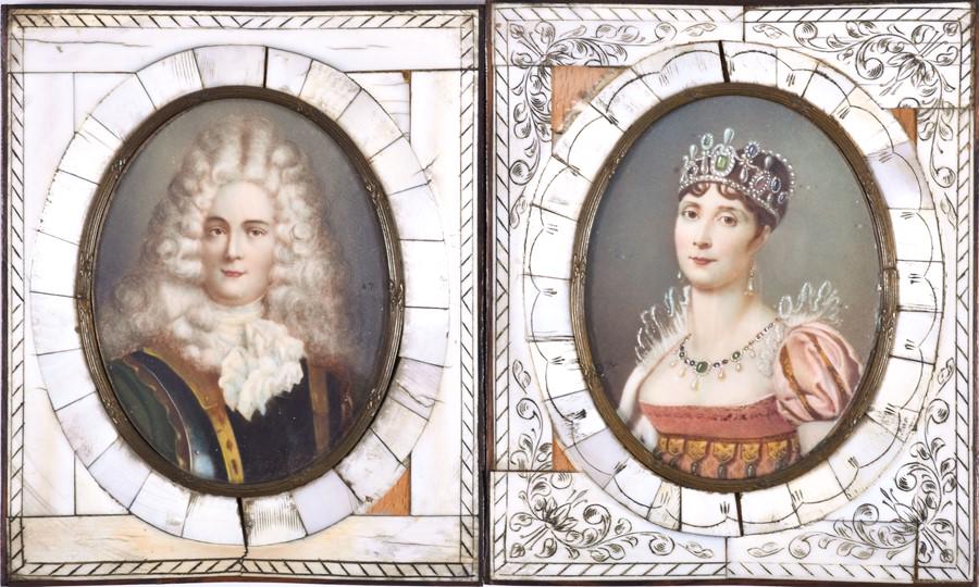 French or Italian school, 19th century A pair of: French or Italian school, 19th century A pair of portrait miniatures, one depicting a crowned young woman (probably Empress Joséphine), the other depicting a gentleman in armour (probably Philippe I