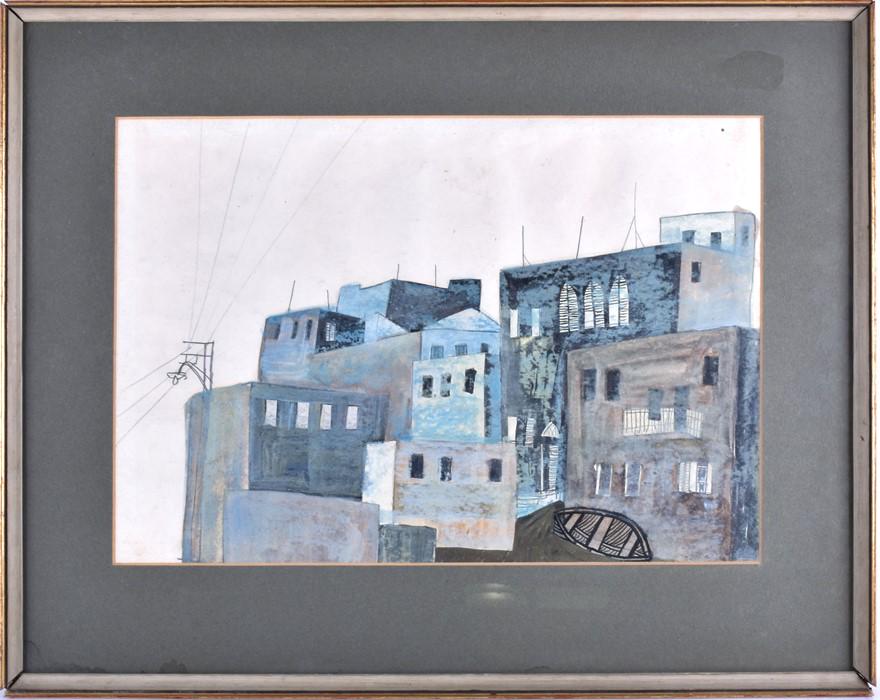 Avraham Ofek (1935-1990) Bulgarian-Israeli depicting: Avraham Ofek (1935-1990) Bulgarian-Israeli depicting partially the city of Acre, mixed technique on paper, signed lower right, along with the original receipt which has been stamped, dated and signed