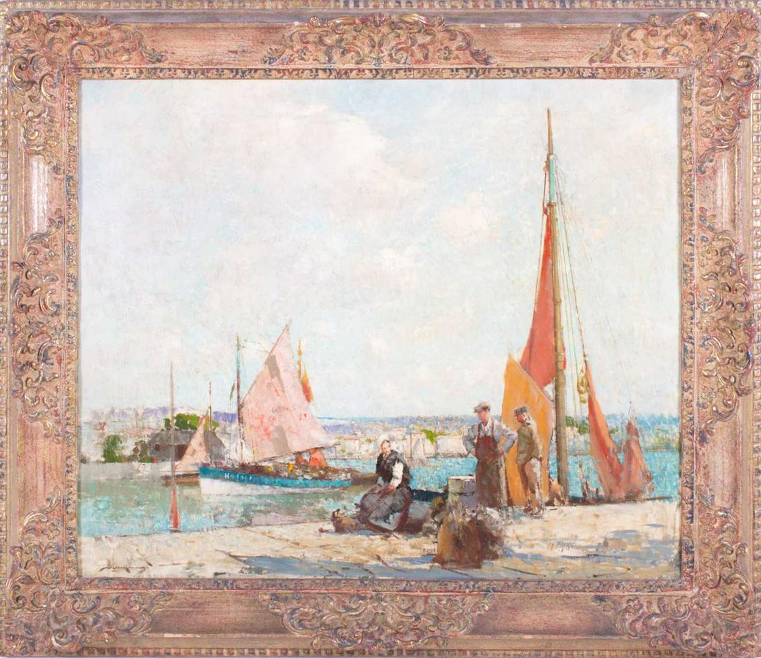 William Lee Hankey RWS,RI,ROI,RE,NS (1869â€“1952): William Lee Hankey RWS,RI,ROI,RE,NS (1869â€“1952) British 'Red Sails at Honfleur', depicting fishermen at port, signed lower left, oil on canvas, within a Louis XIV style frame, 49.5 cm x 60 cm.