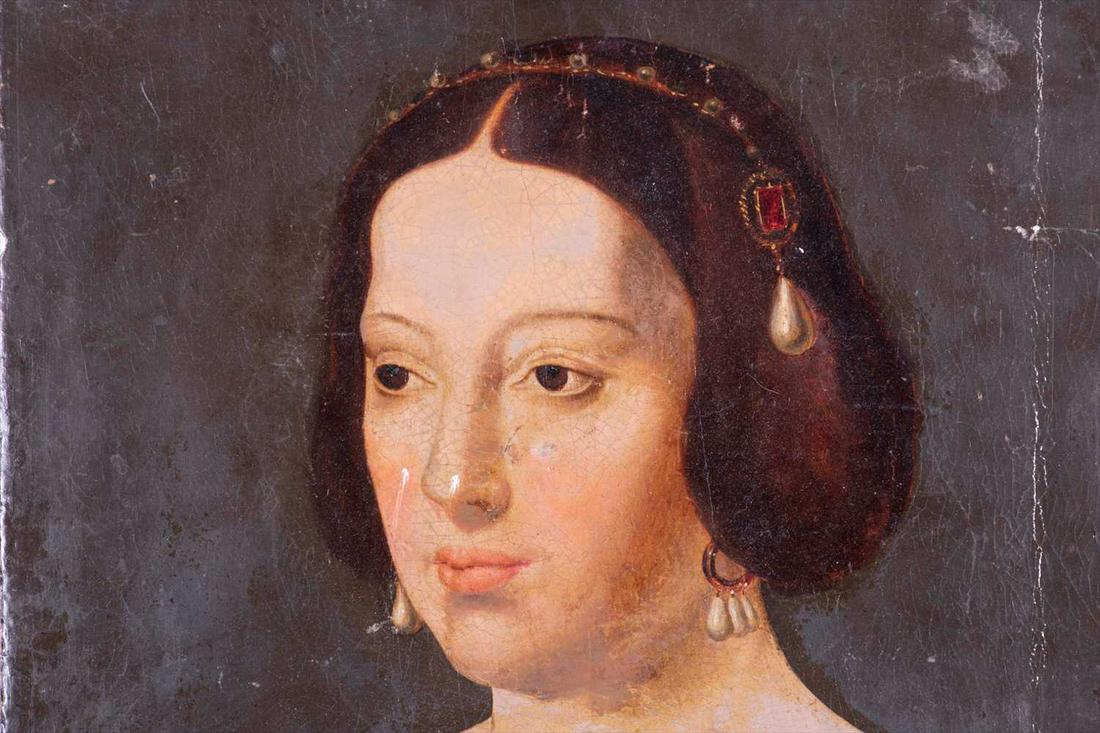 English school, 19th century after 'Eleanora of: English school, 19th century after 'Eleanora of Austria, Queen of France' by Joos Van Cleve, the original at the Palace of Holyroodhouse (Edinburgh), depicting a bust-length portrait of a woman in ren