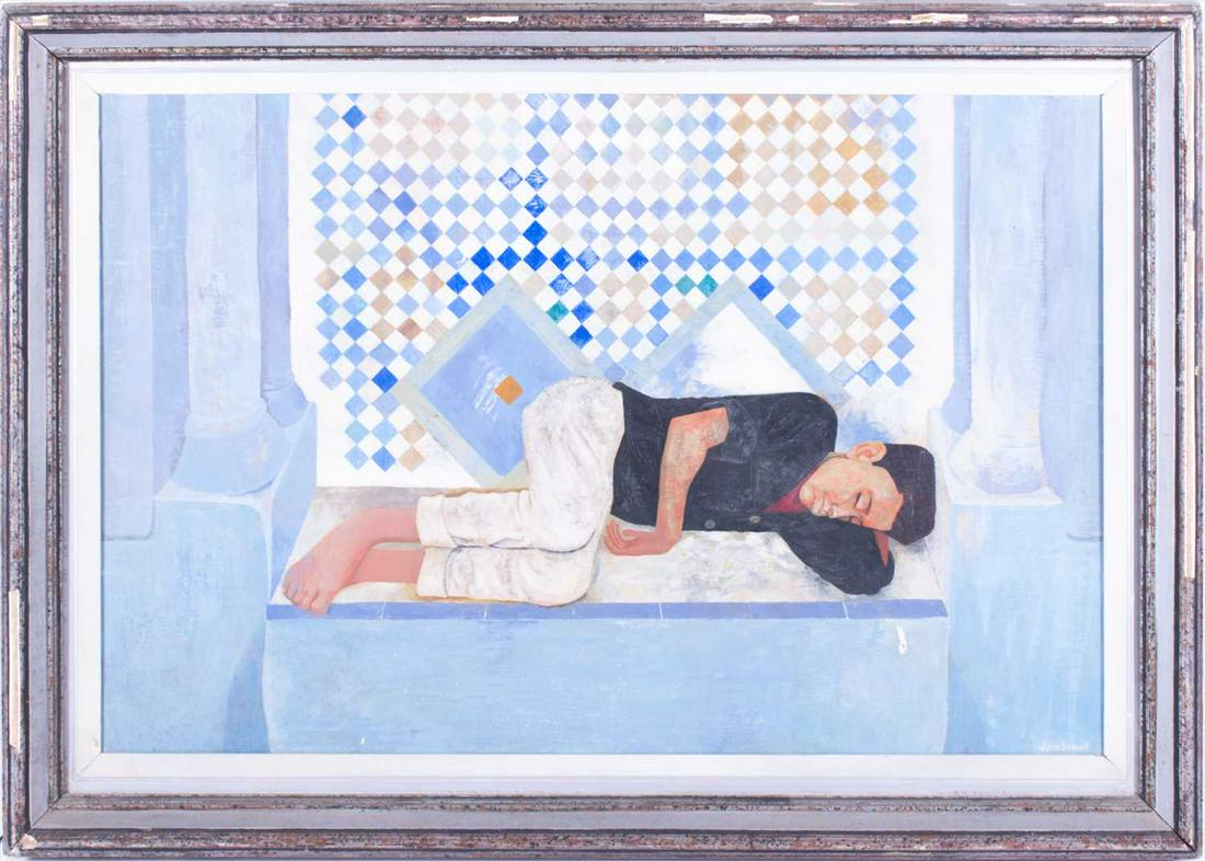 â€ John Sewell (b.1926) British 'Siesta in Tangiers',: â€ John Sewell (b.1926) British 'Siesta in Tangiers', depicting a man resting in an Arabic interior, signed lower right, acrylic on masonite, within a wooden frame, 59 cm x 90 cm.Footnote: Proven