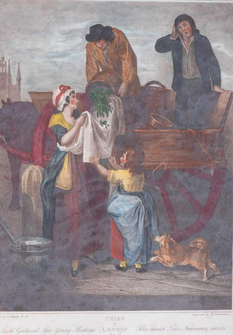 After Francis Wheatley (1747-1801) English 'Cries of: After Francis Wheatley (1747-1801) English 'Cries of London', three hand coloured etchings engraved by A. Cardon, within a glazed black and gilded frame (3) (Dimensions: 39 cm x 28 cm.)(39 cm x 28 cm.
