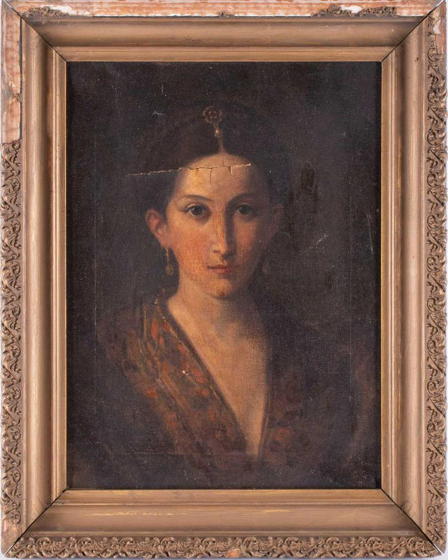 Continental school, late 19th-early 20th century: Continental school, late 19th-early 20th century depicting a portrait of a young woman, signature illegible lower right, oil on canvas, within a gilded frame (Dimensions: 50 cm x 36 cm.) (50 cm x 36 c