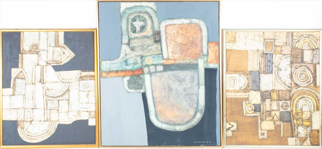 â€ Rowland Fade (1939-2017) British three abstract: â€ Rowland Fade (1939-2017) British three abstract compositional studies, mixed media on canvas, titled 'Cornish Vision' [1969] (92 cm x 76 cm), 'Rainbow Fossils' [1971] (72 cm x 59 cm) and 'Grey